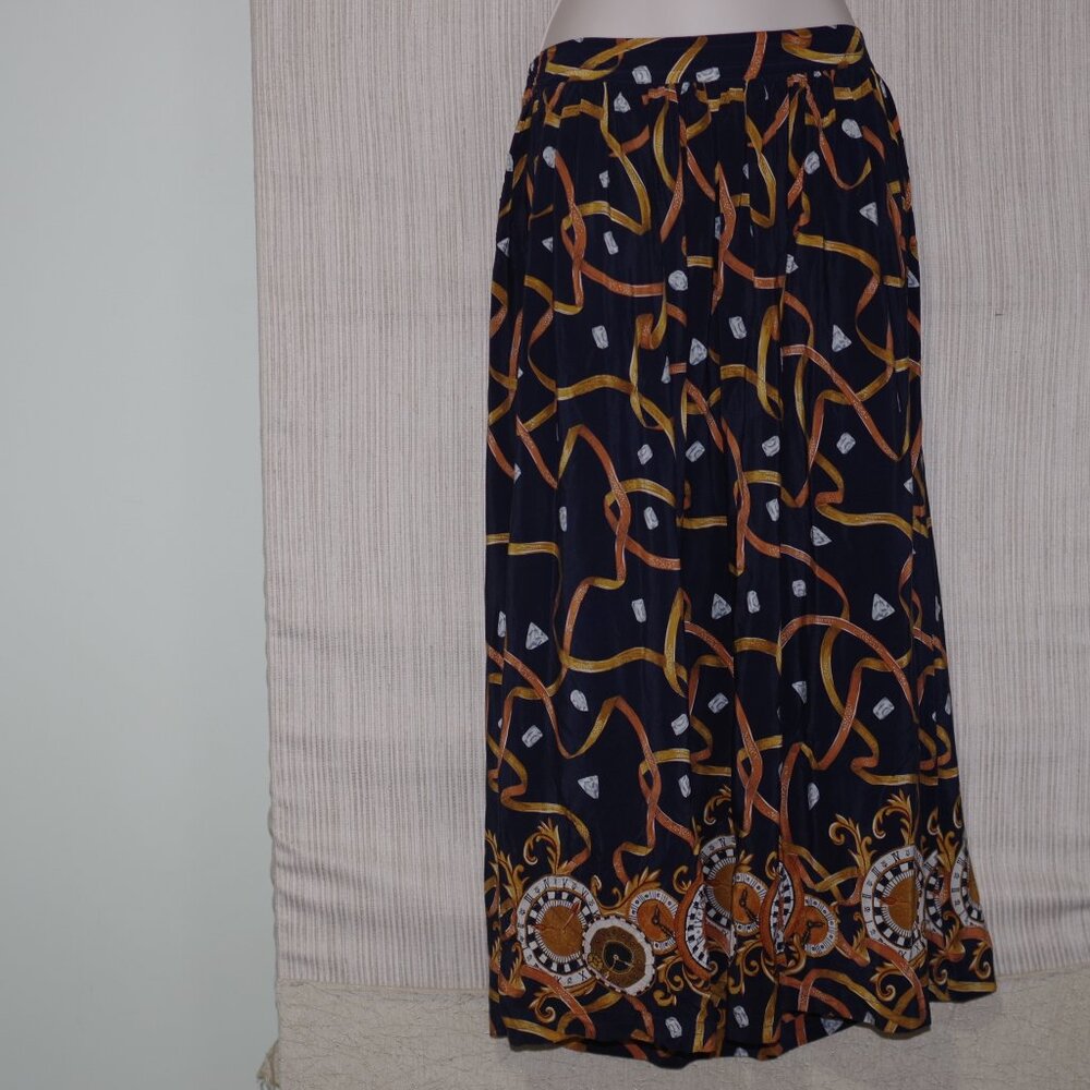 August silk skirt Blue Brown Diamond Print Midi Skirt Size:M